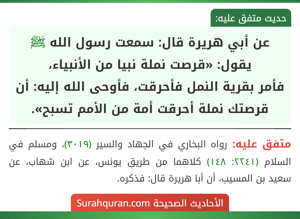 عن أبي هريرة قال: سمعت رسول الله ﷺ يقول: «قرصت نملة نبيا من الأنبياء،
فأمر بقرية النمل فأحرقت، فأوحى الله إليه: أن قرصتك نملة أحرقت أمة من الأمم تسبح».