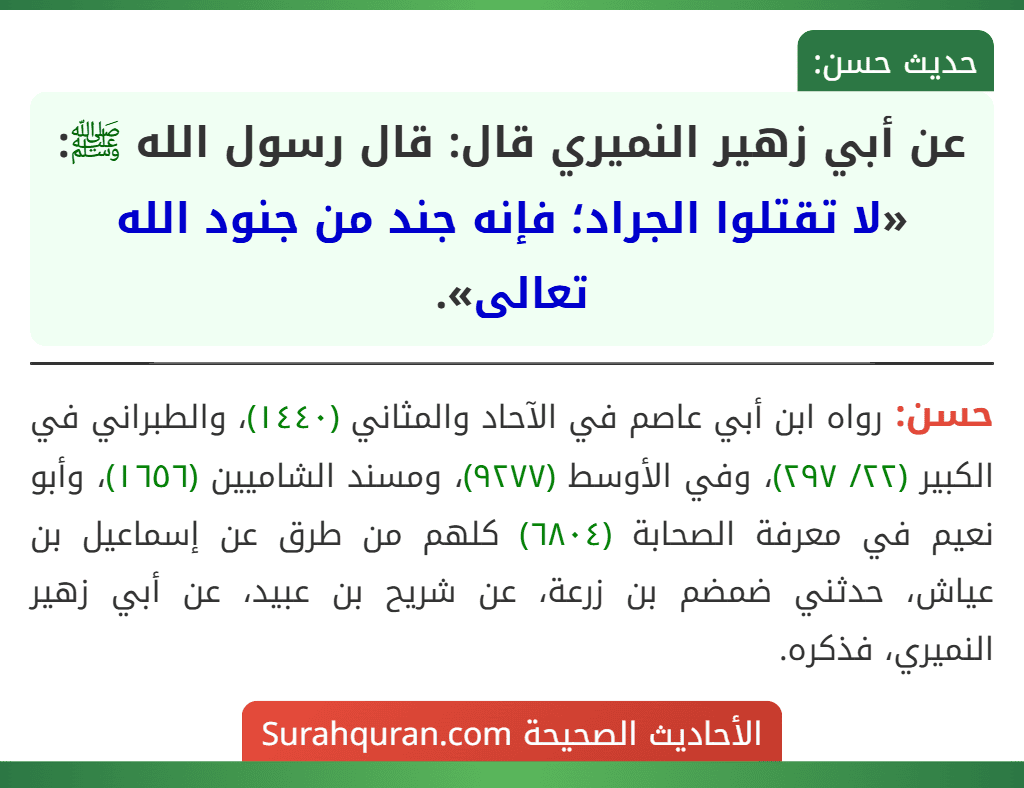عن أبي زهير النميري قال: قال رسول الله ﷺ: «لا تقتلوا الجراد؛ فإنه جند من جنود الله تعالى».