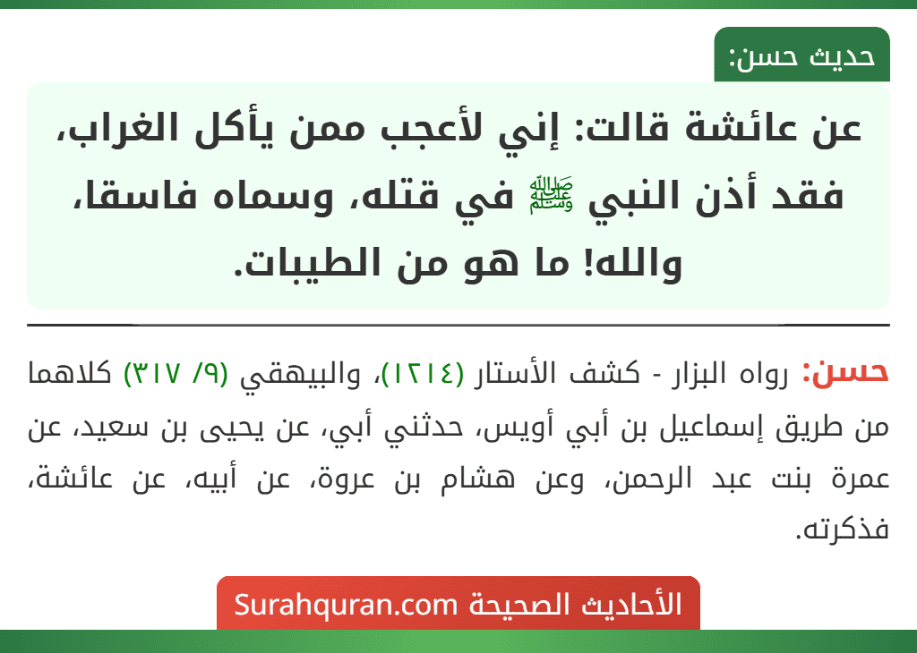 عن عائشة قالت: إني لأعجب ممن يأكل الغراب، فقد أذن النبي ﷺ في قتله، وسماه فاسقا، والله! ما هو من الطيبات.