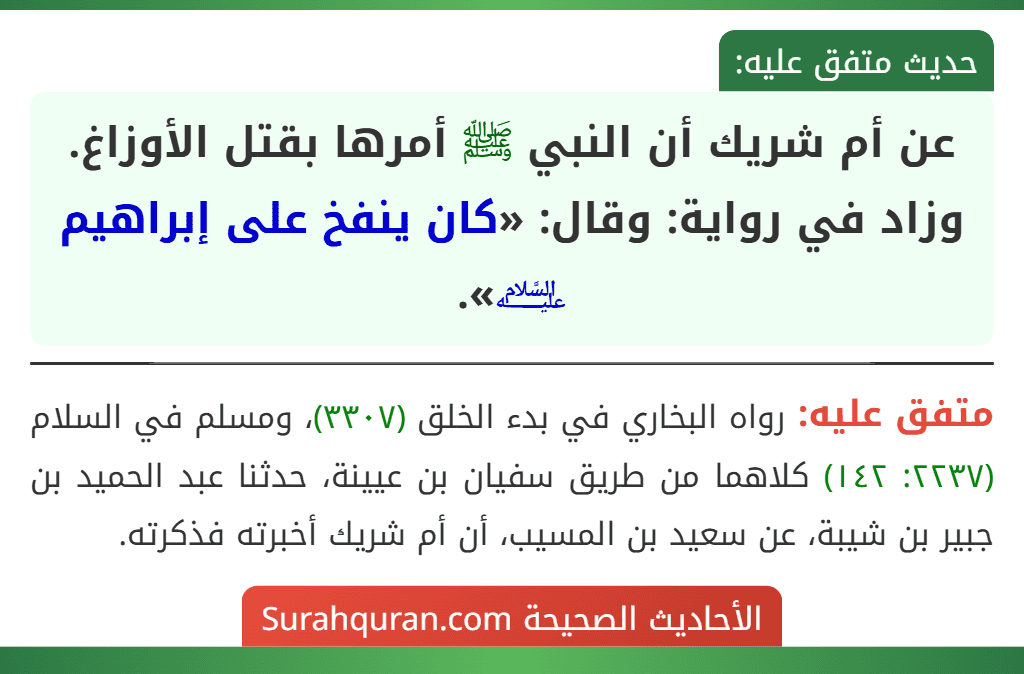 عن أم شريك أن النبي ﷺ أمرها بقتل الأوزاغ.
وزاد في رواية: وقال: «كان ينفخ على إبراهيم ﵇».