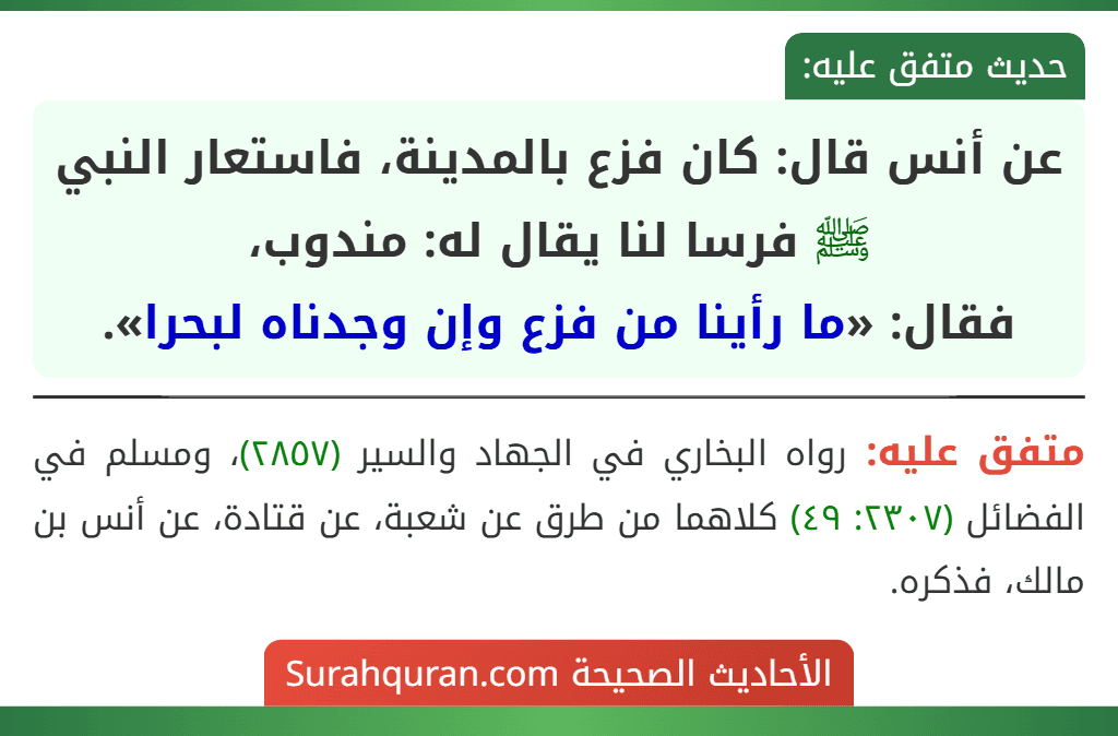 عن أنس قال: كان فزع بالمدينة، فاستعار النبي ﷺ فرسا لنا يقال له: مندوب،
فقال: «ما رأينا من فزع وإن وجدناه لبحرا». عن أنس قال: كان فزع بالمدينة، فاستعار النبي ﷺ فرسا لنا يقال له: مندوب،
فقال: «ما رأينا من فزع وإن وجدناه لبحرا».
