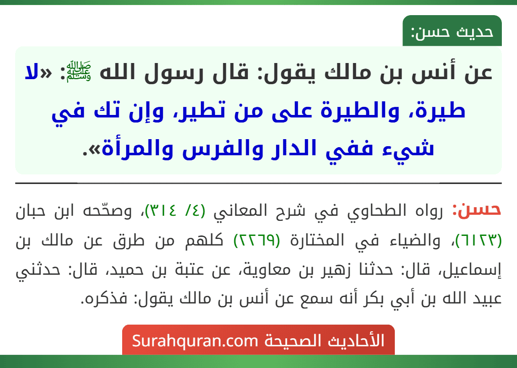 عن أنس بن مالك يقول: قال رسول الله ﷺ: «لا طيرة، والطيرة على من تطير، وإن تك في شيء ففي الدار والفرس والمرأة».