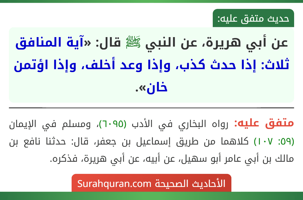 عن أبي هريرة، عن النبي ﷺ قال: «آية المنافق ثلاث: إذا حدث كذب، وإذا وعد أخلف، وإذا اؤتمن خان».