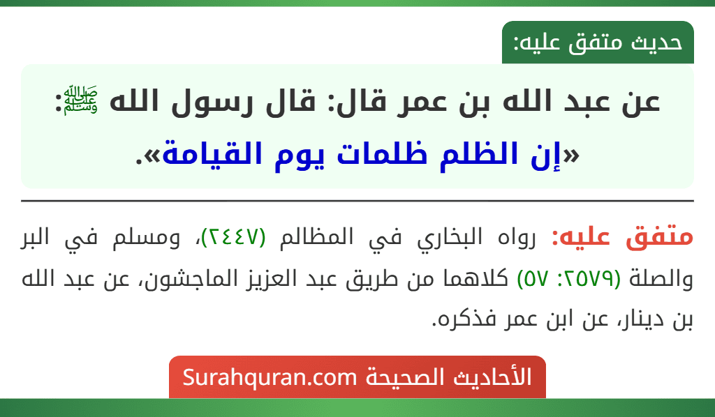 عن عبد الله بن عمر قال: قال رسول الله ﷺ: «إن الظلم ظلمات يوم القيامة».