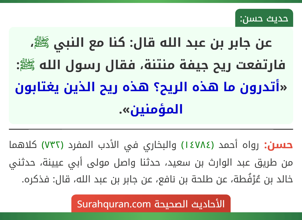 عن جابر بن عبد الله قال: كنا مع النبي ﷺ، فارتفعت ريح جيفة منتنة، فقال رسول الله ﷺ: «أتدرون ما هذه الريح؟ هذه ريح الذين يغتابون المؤمنين».
