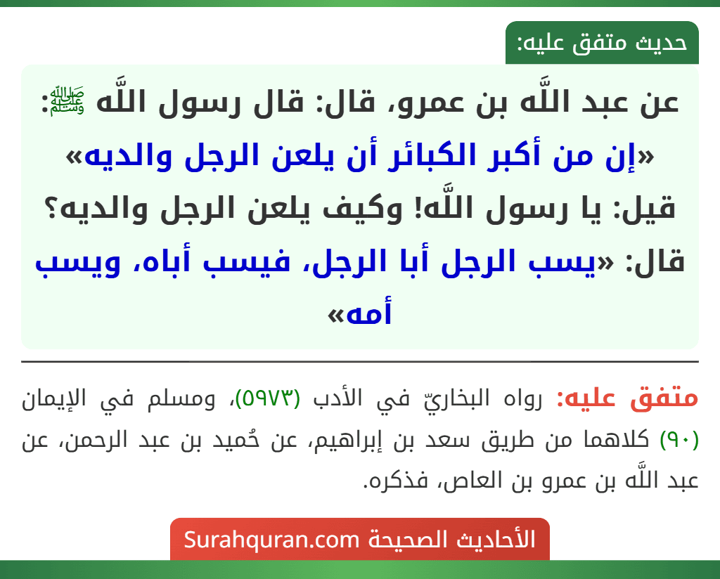 عن عبد اللَّه بن عمرو، قال: قال رسول اللَّه ﷺ: «إن من أكبر الكبائر أن يلعن الرجل والديه» قيل: يا رسول اللَّه! وكيف يلعن الرجل والديه؟ قال: «يسب الرجل أبا الرجل، فيسب أباه، ويسب أمه»