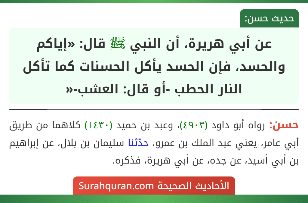 عن أبي هريرة، أن النبي ﷺ قال: «إياكم والحسد، فإن الحسد يأكل الحسنات كما تأكل النار الحطب -أو قال: العشب-«