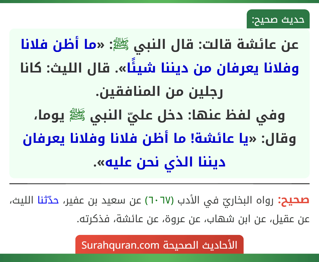 عن عائشة قالت: قال النبي ﷺ: «ما أظن فلانا وفلانا يعرفان من ديننا شيئًا». قال الليث: كانا رجلين من المنافقين.
وفي لفظ عنها: دخل عليّ النبي ﷺ يوما، وقال: «يا عائشة! ما أظن فلانا وفلانا يعرفان ديننا الذي نحن عليه».