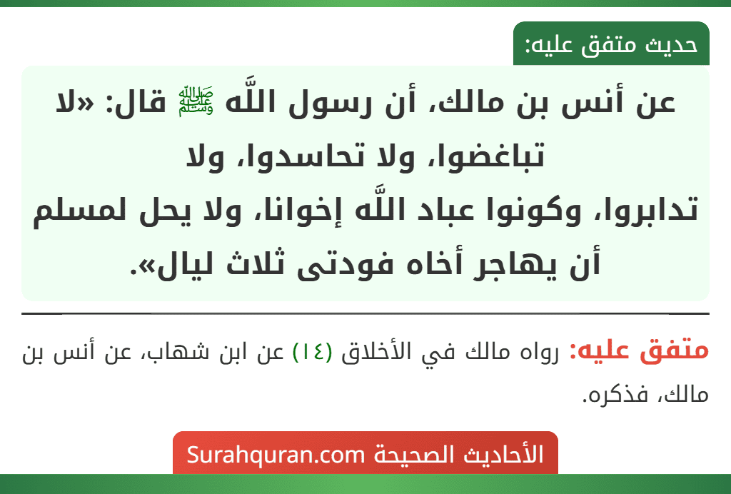 عن أنس بن مالك، أن رسول اللَّه ﷺ قال: «لا تباغضوا، ولا تحاسدوا، ولا
تدابروا، وكونوا عباد اللَّه إخوانا، ولا يحل لمسلم أن يهاجر أخاه فودتى ثلاث ليال».