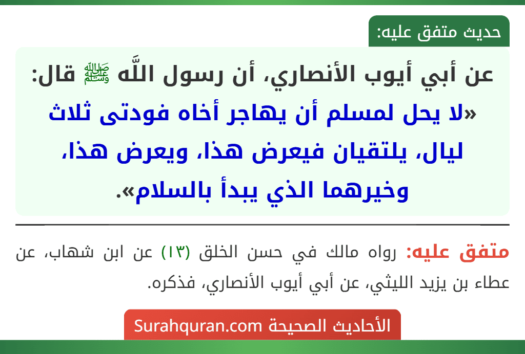 عن أبي أيوب الأنصاري، أن رسول اللَّه ﷺ قال: «لا يحل لمسلم أن يهاجر أخاه فودتى ثلاث ليال، يلتقيان فيعرض هذا، ويعرض هذا، وخيرهما الذي يبدأ بالسلام».