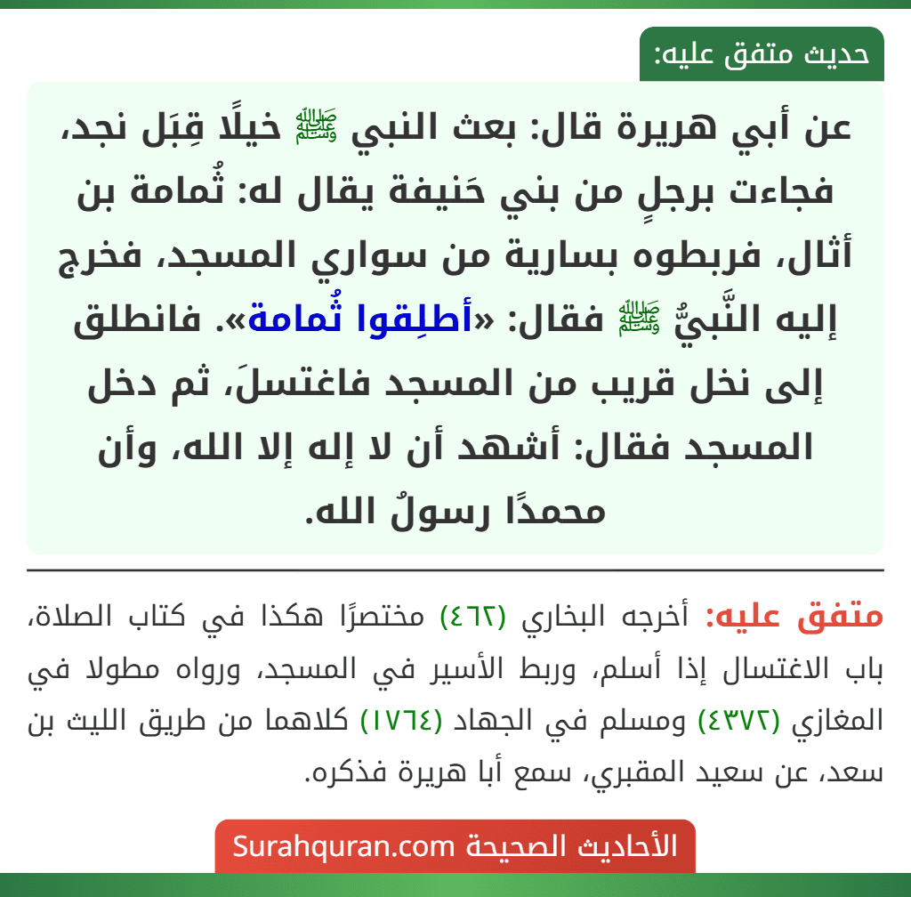 عن أبي هريرة قال: بعث النبي ﷺ خيلًا قِبَل نجد، فجاءت برجلٍ من بني حَنيفة يقال له: ثُمامة بن أثال، فربطوه بسارية من سواري المسجد، فخرج إليه النَّبيُّ ﷺ فقال: «أطلِقوا ثُمامة». فانطلق إلى نخل قريب من المسجد فاغتسلَ، ثم دخل المسجد فقال: أشهد أن لا إله إلا الله، وأن محمدًا رسولُ الله.