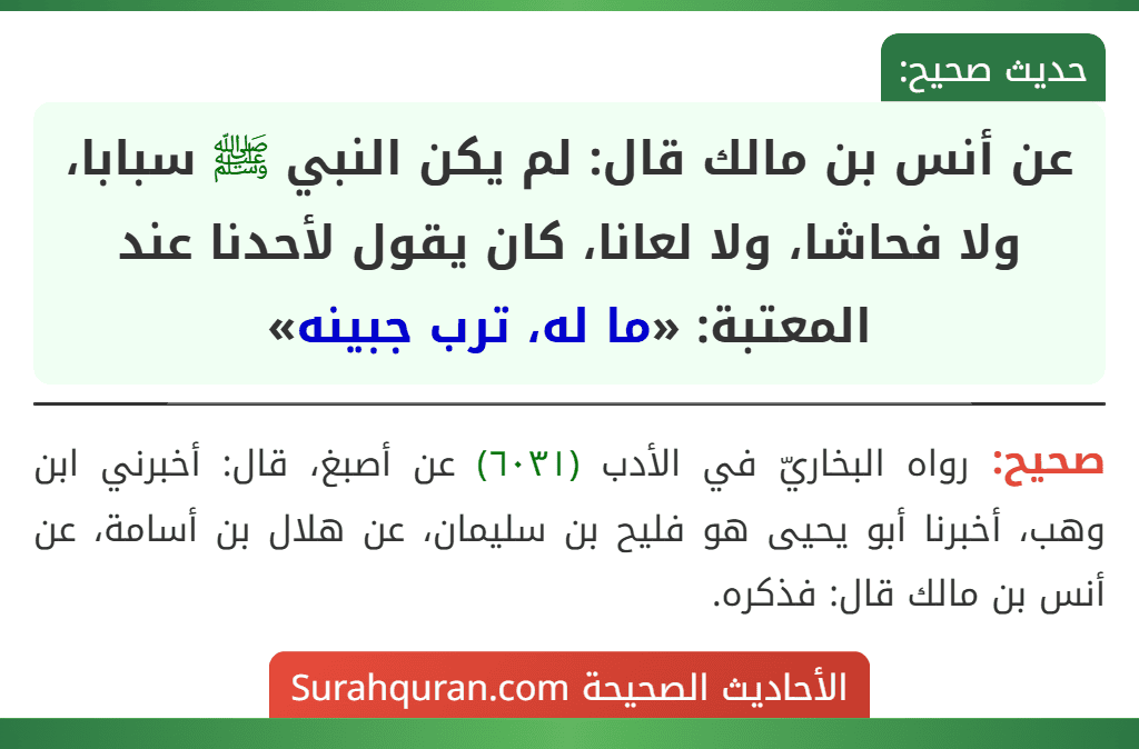 عن أنس بن مالك قال: لم يكن النبي ﷺ سبابا، ولا فحاشا، ولا لعانا، كان يقول لأحدنا عند المعتبة: «ما له، ترب جبينه»