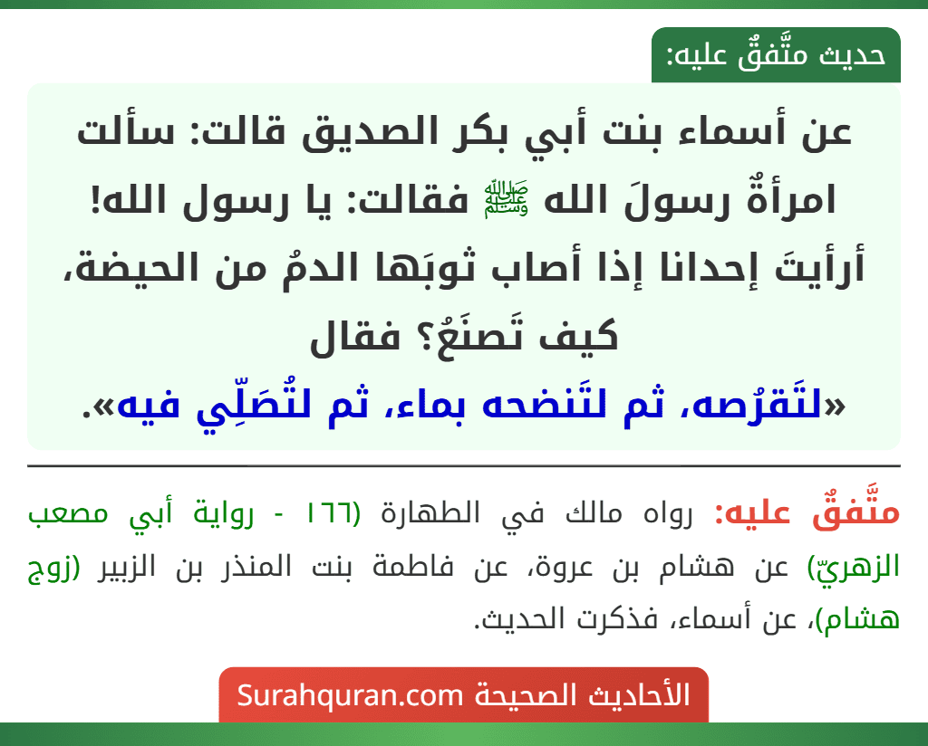 عن أسماء بنت أبي بكر الصديق قالت: سألت امرأةٌ رسولَ الله ﷺ فقالت: يا رسول الله! أرأيتَ إحدانا إذا أصاب ثوبَها الدمُ من الحيضة، كيف تَصنَعُ؟ فقال
«لتَقرُصه، ثم لتَنضحه بماء، ثم لتُصَلِّي فيه». عن أسماء بنت أبي بكر الصديق قالت: سألت امرأةٌ رسولَ الله ﷺ فقالت: يا رسول الله! أرأيتَ إحدانا إذا أصاب ثوبَها الدمُ من الحيضة، كيف تَصنَعُ؟ فقال
«لتَقرُصه، ثم لتَنضحه بماء، ثم لتُصَلِّي فيه».