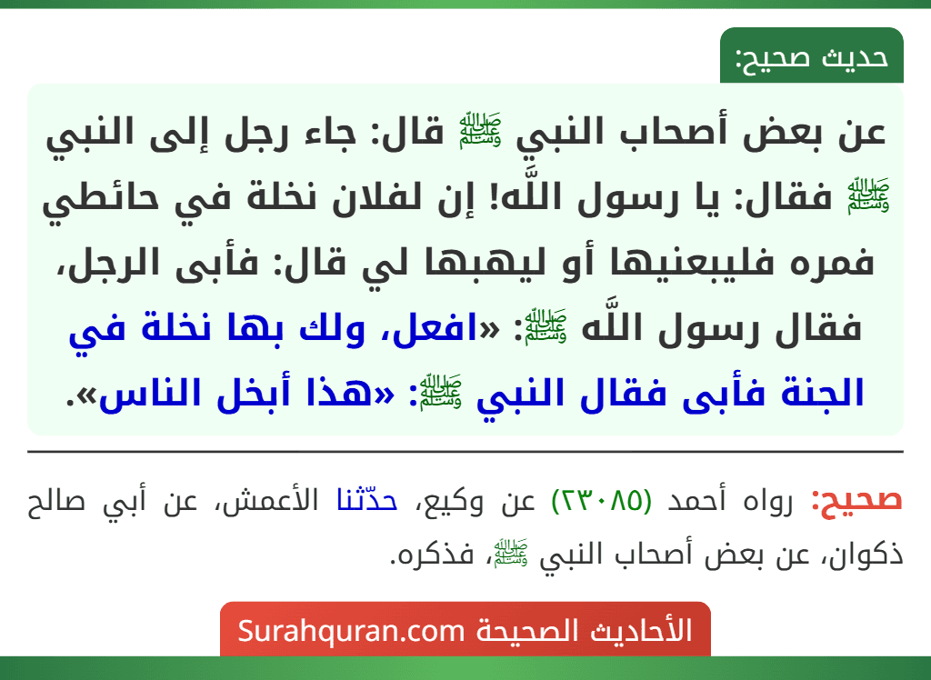 عن بعض أصحاب النبي ﷺ قال: جاء رجل إلى النبي ﷺ فقال: يا رسول اللَّه! إن لفلان نخلة في حائطي فمره فليبعنيها أو ليهبها لي قال: فأبى الرجل، فقال رسول اللَّه ﷺ: «افعل، ولك بها نخلة في الجنة فأبى فقال النبي ﷺ: «هذا أبخل الناس». عن بعض أصحاب النبي ﷺ قال: جاء رجل إلى النبي ﷺ فقال: يا رسول اللَّه! إن لفلان نخلة في حائطي فمره فليبعنيها أو ليهبها لي قال: فأبى الرجل، فقال رسول اللَّه ﷺ: «افعل، ولك بها نخلة في الجنة فأبى فقال النبي ﷺ: «هذا أبخل الناس».