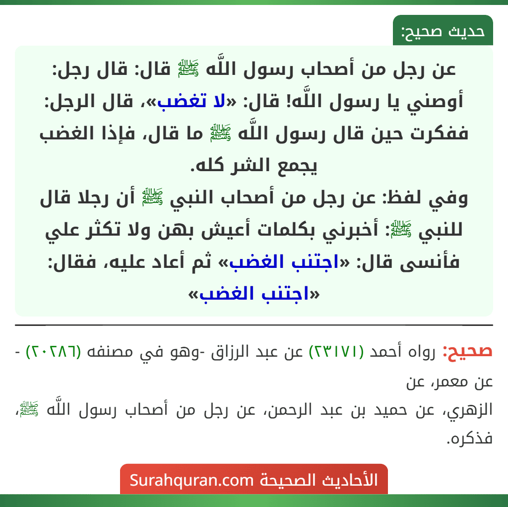 عن رجل من أصحاب رسول اللَّه ﷺ قال: قال رجل: أوصني يا رسول اللَّه! قال: «لا تغضب»، قال الرجل: ففكرت حين قال رسول اللَّه ﷺ ما قال، فإذا الغضب يجمع الشر كله.
وفي لفظ: عن رجل من أصحاب النبي ﷺ أن رجلا قال للنبي ﷺ: أخبرني بكلمات أعيش بهن ولا تكثر علي فأنسى قال: «اجتنب الغضب» ثم أعاد عليه، فقال: «اجتنب الغضب»