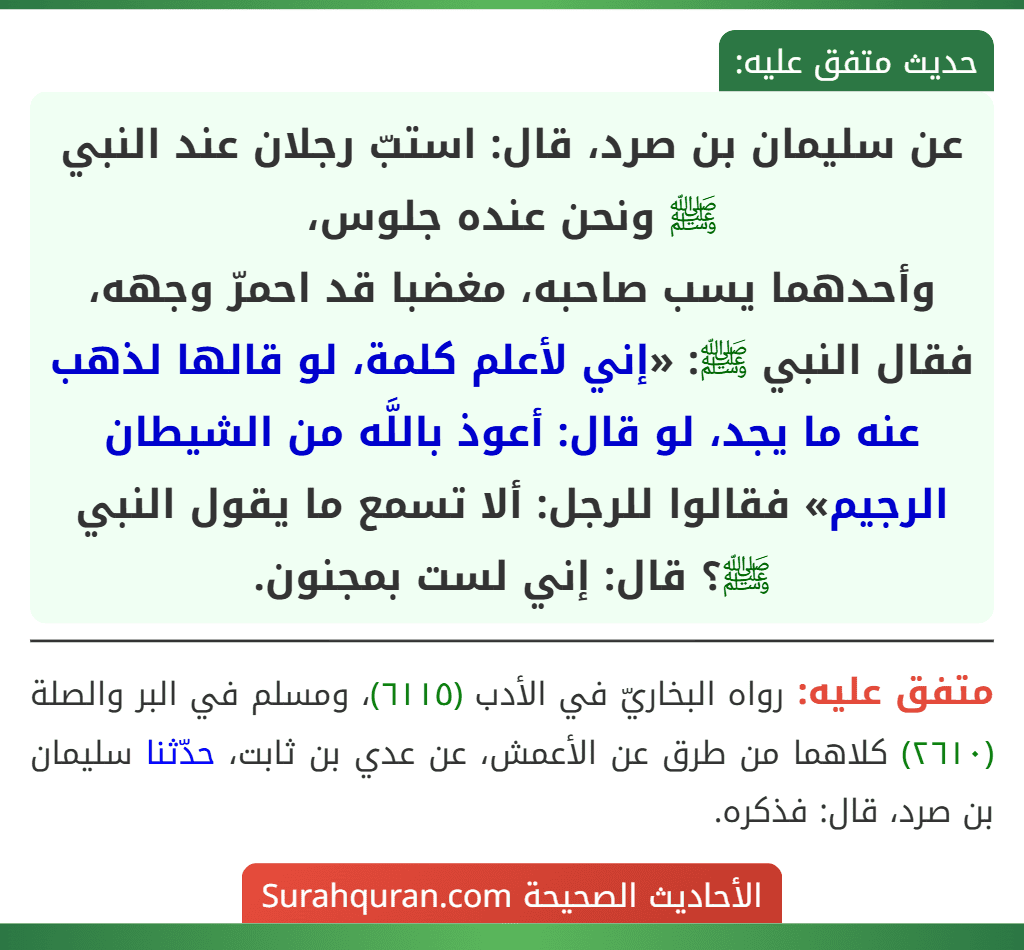عن سليمان بن صرد، قال: استبّ رجلان عند النبي ﷺ ونحن عنده جلوس،
وأحدهما يسب صاحبه، مغضبا قد احمرّ وجهه، فقال النبي ﷺ: «إني لأعلم كلمة، لو قالها لذهب عنه ما يجد، لو قال: أعوذ باللَّه من الشيطان الرجيم» فقالوا للرجل: ألا تسمع ما يقول النبي ﷺ؟ قال: إني لست بمجنون. عن سليمان بن صرد، قال: استبّ رجلان عند النبي ﷺ ونحن عنده جلوس،
وأحدهما يسب صاحبه، مغضبا قد احمرّ وجهه، فقال النبي ﷺ: «إني لأعلم كلمة، لو قالها لذهب عنه ما يجد، لو قال: أعوذ باللَّه من الشيطان الرجيم» فقالوا للرجل: ألا تسمع ما يقول النبي ﷺ؟ قال: إني لست بمجنون.