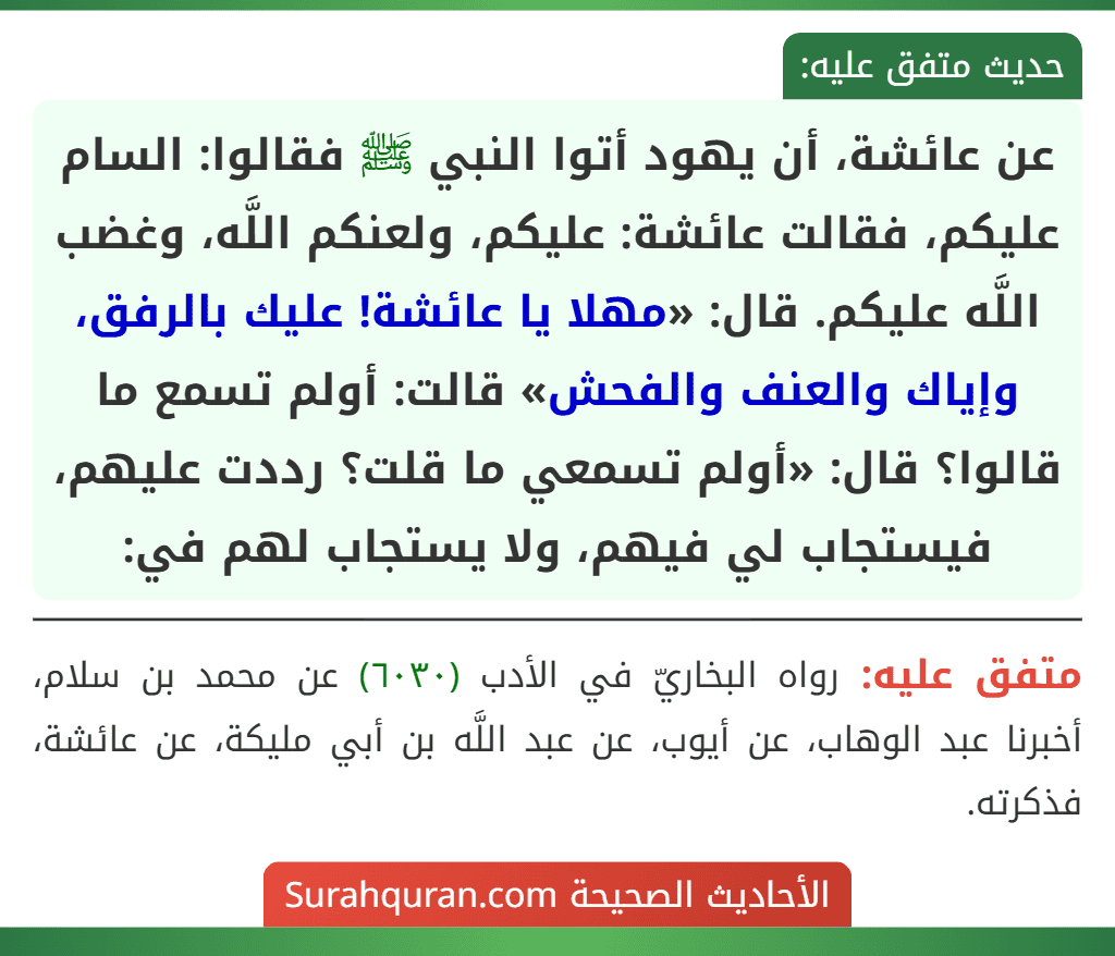عن عائشة، أن يهود أتوا النبي ﷺ فقالوا: السام عليكم، فقالت عائشة: عليكم، ولعنكم اللَّه، وغضب اللَّه عليكم. قال: «مهلا يا عائشة! عليك بالرفق، وإياك والعنف والفحش» قالت: أولم تسمع ما قالوا؟ قال: «أولم تسمعي ما قلت؟ رددت عليهم، فيستجاب لي فيهم، ولا يستجاب لهم في: عن عائشة، أن يهود أتوا النبي ﷺ فقالوا: السام عليكم، فقالت عائشة: عليكم، ولعنكم اللَّه، وغضب اللَّه عليكم. قال: «مهلا يا عائشة! عليك بالرفق، وإياك والعنف والفحش» قالت: أولم تسمع ما قالوا؟ قال: «أولم تسمعي ما قلت؟ رددت عليهم، فيستجاب لي فيهم، ولا يستجاب لهم في: