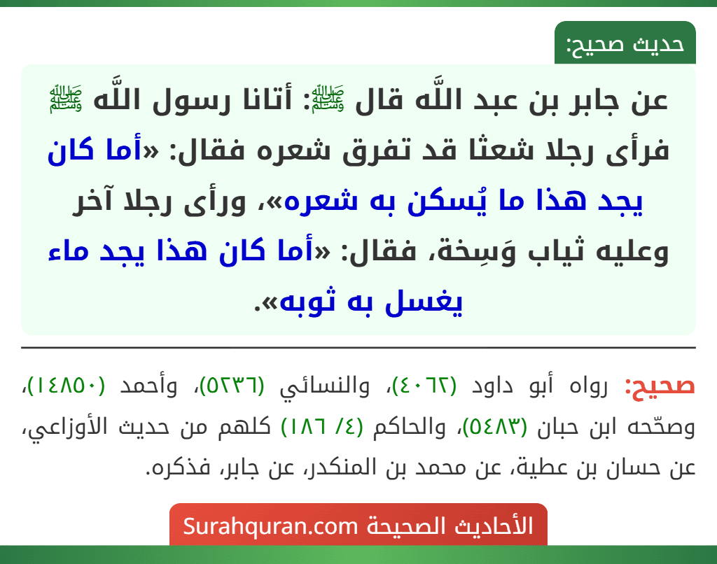 عن جابر بن عبد اللَّه قال ﷺ: أتانا رسول اللَّه ﷺ فرأى رجلا شعثا قد تفرق شعره فقال: «أما كان يجد هذا ما يُسكن به شعره»، ورأى رجلا آخر وعليه ثياب وَسِخة، فقال: «أما كان هذا يجد ماء يغسل به ثوبه». عن جابر بن عبد اللَّه قال ﷺ: أتانا رسول اللَّه ﷺ فرأى رجلا شعثا قد تفرق شعره فقال: «أما كان يجد هذا ما يُسكن به شعره»، ورأى رجلا آخر وعليه ثياب وَسِخة، فقال: «أما كان هذا يجد ماء يغسل به ثوبه».