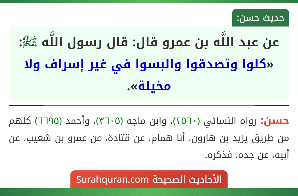 عن عبد اللَّه بن عمرو قال: قال رسول اللَّه ﷺ: «كلوا وتصدقوا والبسوا في غير إسراف ولا مخيلة».