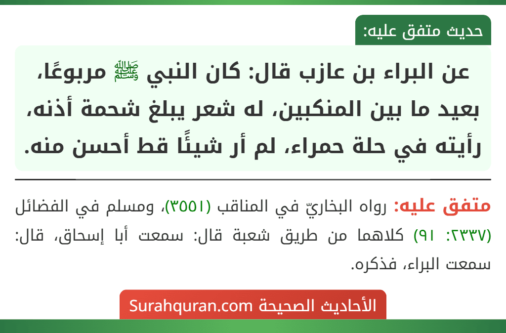 عن البراء بن عازب قال: كان النبي ﷺ مربوعًا، بعيد ما بين المنكبين، له شعر يبلغ شحمة أذنه، رأيته في حلة حمراء، لم أر شيئًا قط أحسن منه. عن البراء بن عازب قال: كان النبي ﷺ مربوعًا، بعيد ما بين المنكبين، له شعر يبلغ شحمة أذنه، رأيته في حلة حمراء، لم أر شيئًا قط أحسن منه.