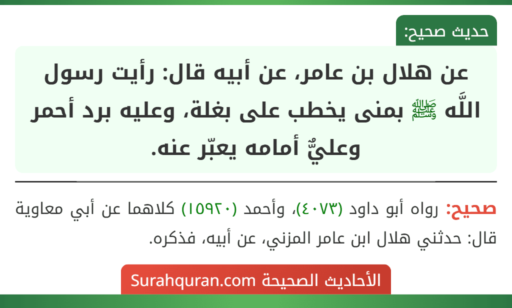 عن هلال بن عامر، عن أبيه قال: رأيت رسول اللَّه ﷺ بمنى يخطب على بغلة، وعليه برد أحمر وعليٌّ أمامه يعبّر عنه.