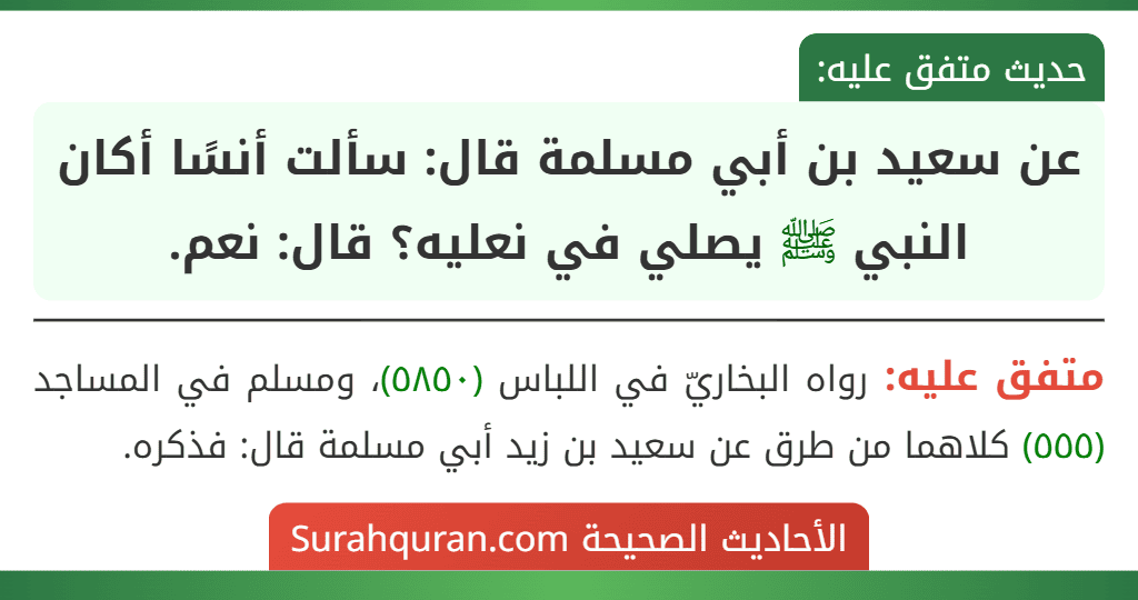 عن سعيد بن أبي مسلمة قال: سألت أنسًا أكان النبي ﷺ يصلي في نعليه؟ قال: نعم.