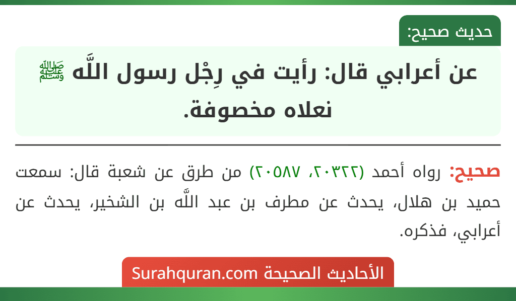 عن أعرابي قال: رأيت في رِجْل رسول اللَّه ﷺ نعلاه مخصوفة.
