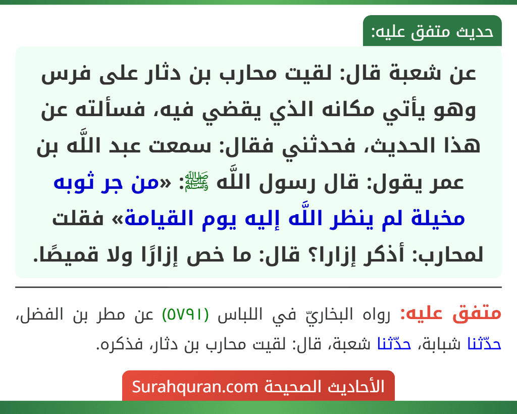 عن شعبة قال: لقيت محارب بن دثار على فرس وهو يأتي مكانه الذي يقضي فيه، فسألته عن هذا الحديث، فحدثني فقال: سمعت عبد اللَّه بن عمر يقول: قال رسول اللَّه ﷺ: «من جر ثوبه مخيلة لم ينظر اللَّه إليه يوم القيامة» فقلت لمحارب: أذكر إزارا؟ قال: ما خص إزارًا ولا قميصًا.