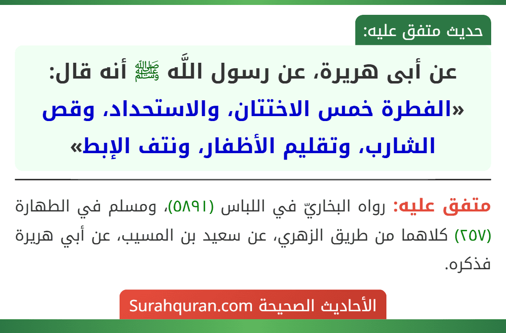 عن أبى هريرة، عن رسول اللَّه ﷺ أنه قال: «الفطرة خمس الاختتان، والاستحداد، وقص الشارب، وتقليم الأظفار، ونتف الإبط»
