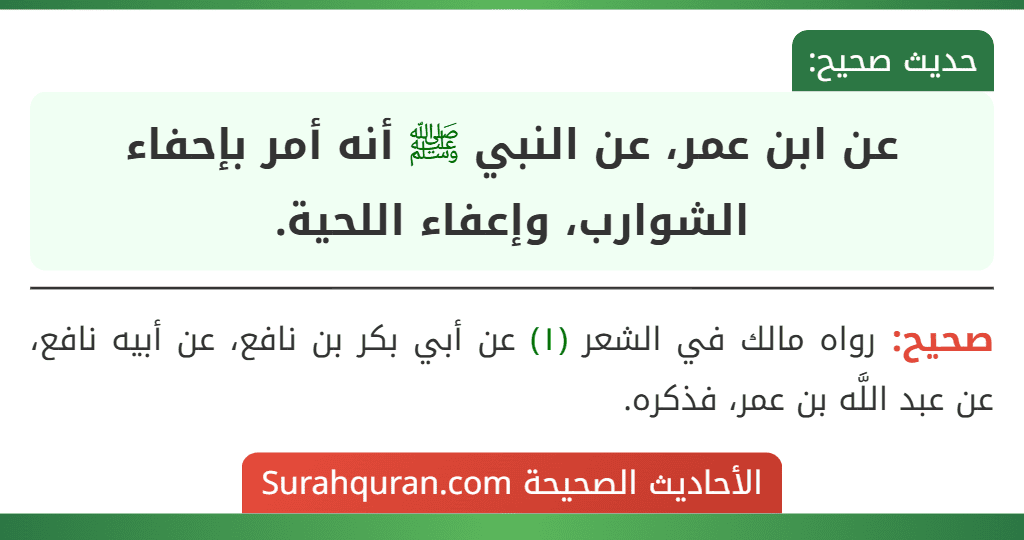عن ابن عمر، عن النبي ﷺ أنه أمر بإحفاء الشوارب، وإعفاء اللحية.