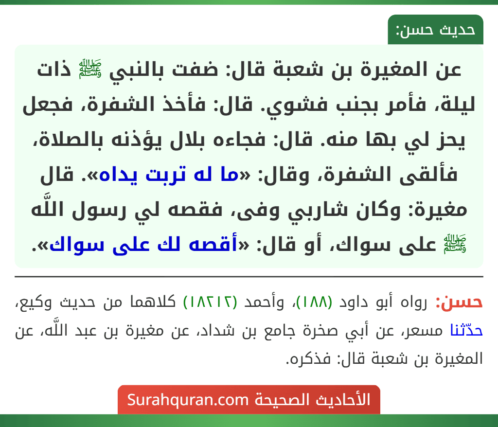 عن المغيرة بن شعبة قال: ضفت بالنبي ﷺ ذات ليلة، فأمر بجنب فشوي. قال: فأخذ الشفرة، فجعل يحز لي بها منه. قال: فجاءه بلال يؤذنه بالصلاة، فألقى الشفرة، وقال: «ما له تربت يداه». قال مغيرة: وكان شاربي وفى، فقصه لي رسول اللَّه ﷺ على سواك، أو قال: «أقصه لك على سواك».