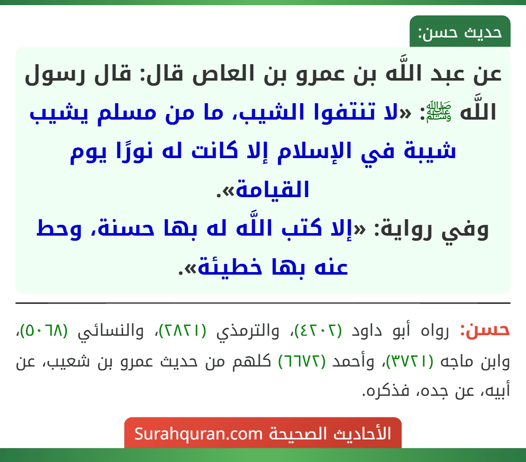 عن عبد اللَّه بن عمرو بن العاص قال: قال رسول اللَّه ﷺ: «لا تنتفوا الشيب، ما من مسلم يشيب شيبة في الإسلام إلا كانت له نورًا يوم القيامة».
وفي رواية: «إلا كتب اللَّه له بها حسنة، وحط عنه بها خطيئة».