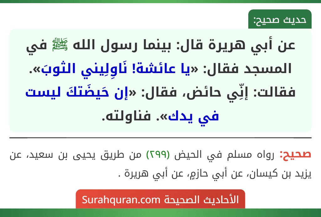 عن أبي هريرة قال: بينما رسول الله ﷺ في المسجد فقال: «يا عائشة! نَاوِلِيني الثوبَ». فقالت: إنِّي حائض، فقال: «إن حَيضَتكَ ليست في يدك». فناولته.