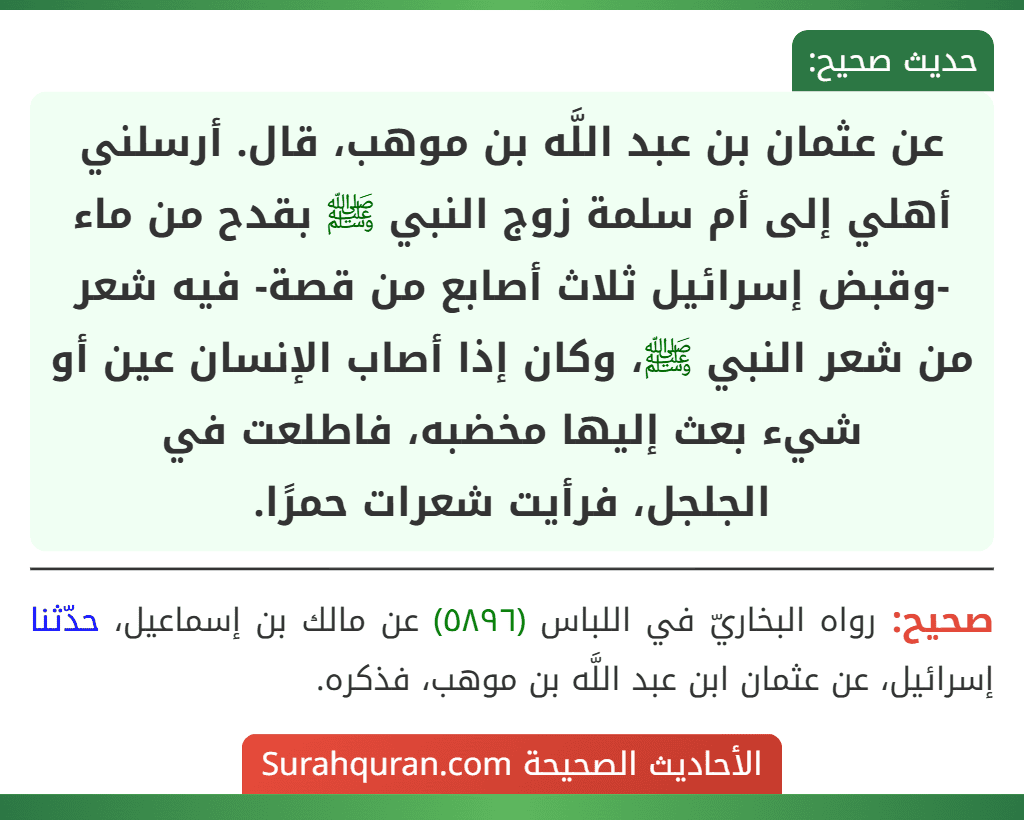 عن عثمان بن عبد اللَّه بن موهب، قال. أرسلني أهلي إلى أم سلمة زوج النبي ﷺ بقدح من ماء -وقبض إسرائيل ثلاث أصابع من قصة- فيه شعر من شعر النبي ﷺ، وكان إذا أصاب الإنسان عين أو شيء بعث إليها مخضبه، فاطلعت في
الجلجل، فرأيت شعرات حمرًا.