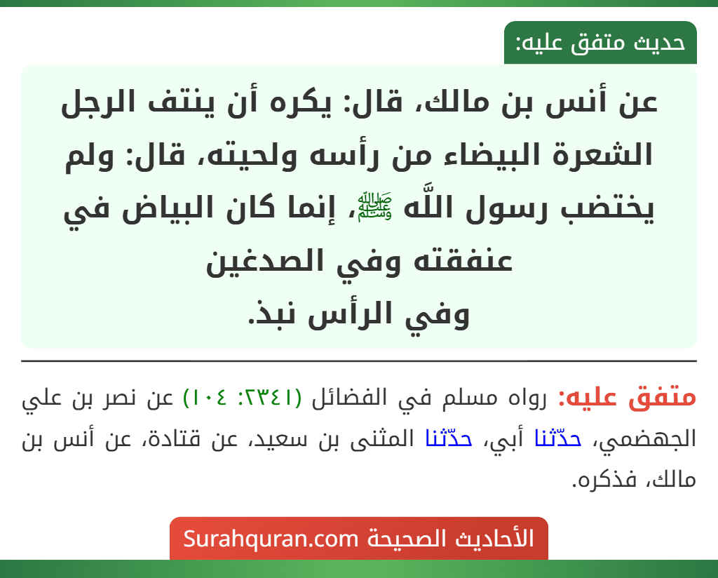 عن أنس بن مالك، قال: يكره أن ينتف الرجل الشعرة البيضاء من رأسه ولحيته، قال: ولم يختضب رسول اللَّه ﷺ، إنما كان البياض في عنفقته وفي الصدغين
وفي الرأس نبذ.