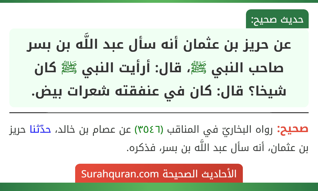 عن حريز بن عثمان أنه سأل عبد اللَّه بن بسر صاحب النبي ﷺ، قال: أرأيت النبي ﷺ كان شيخا؟ قال: كان في عنفقته شعرات بيض.
