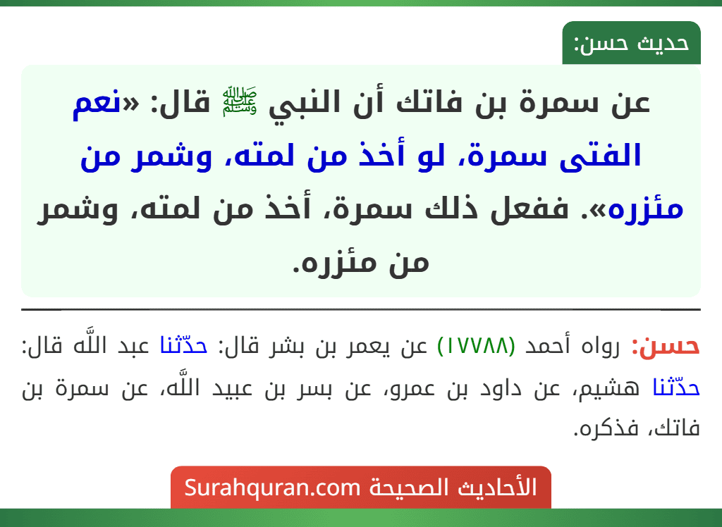 عن سمرة بن فاتك أن النبي ﷺ قال: «نعم الفتى سمرة، لو أخذ من لمته، وشمر من مئزره». ففعل ذلك سمرة، أخذ من لمته، وشمر من مئزره.