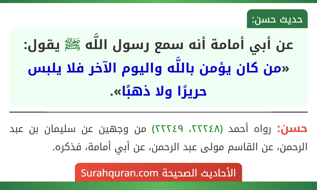 عن أبي أمامة أنه سمع رسول اللَّه ﷺ يقول: «من كان يؤمن باللَّه واليوم الآخر فلا يلبس حريرًا ولا ذهبًا».
