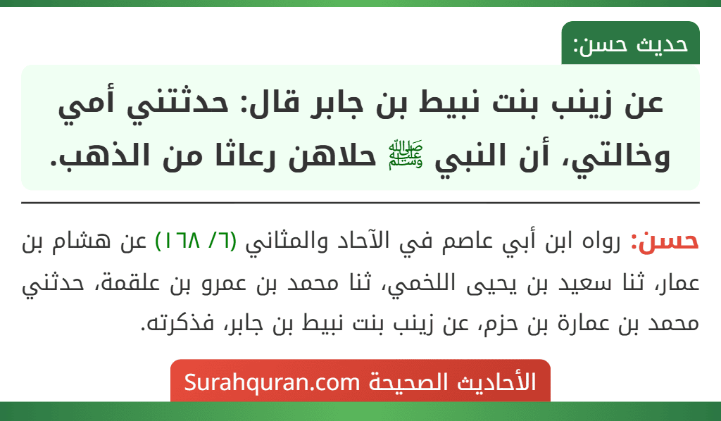 عن زينب بنت نبيط بن جابر قال: حدثتني أمي وخالتي، أن النبي ﷺ حلاهن رعاثا من الذهب. عن زينب بنت نبيط بن جابر قال: حدثتني أمي وخالتي، أن النبي ﷺ حلاهن رعاثا من الذهب.