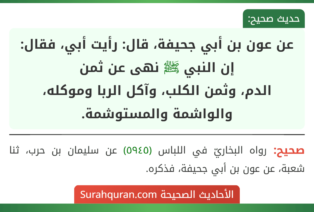عن عون بن أبي جحيفة، قال: رأيت أبي، فقال: إن النبي ﷺ نهى عن ثمن
الدم، وثمن الكلب، وآكل الربا وموكله، والواشمة والمستوشمة.
