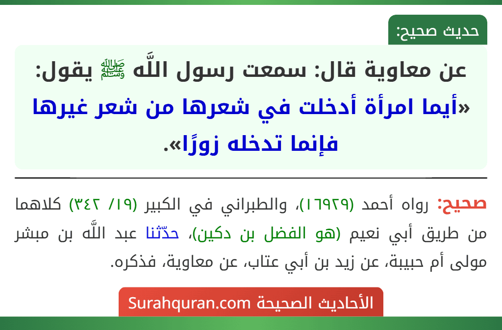 عن معاوية قال: سمعت رسول اللَّه ﷺ يقول: «أيما امرأة أدخلت في شعرها من شعر غيرها فإنما تدخله زورًا». عن معاوية قال: سمعت رسول اللَّه ﷺ يقول: «أيما امرأة أدخلت في شعرها من شعر غيرها فإنما تدخله زورًا».