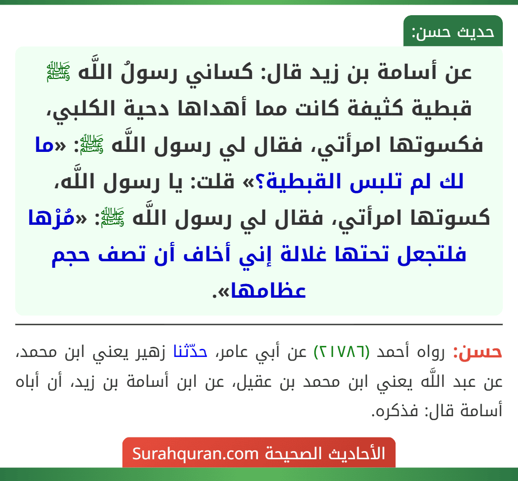 عن أسامة بن زيد قال: كساني رسولُ اللَّه ﷺ قبطية كثيفة كانت مما أهداها دحية الكلبي، فكسوتها امرأتي، فقال لي رسول اللَّه ﷺ: «ما لك لم تلبس القبطية؟» قلت: يا رسول اللَّه، كسوتها امرأتي، فقال لي رسول اللَّه ﷺ: «مُرْها فلتجعل تحتها غلالة إني أخاف أن تصف حجم عظامها».