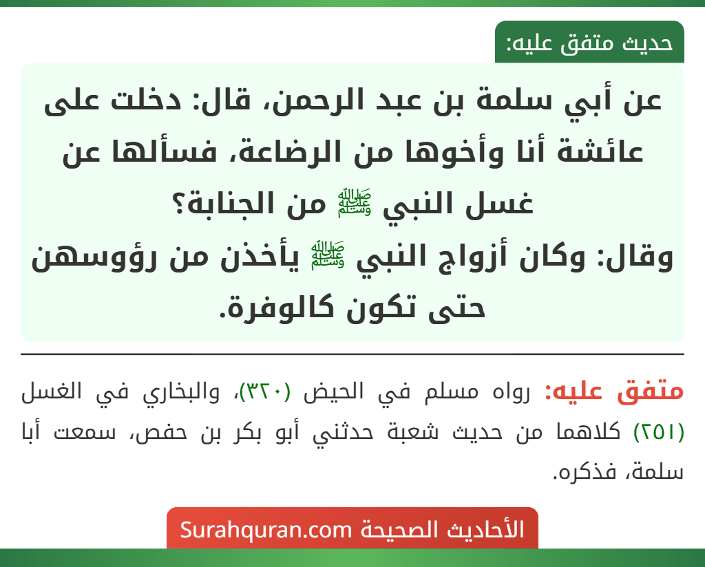عن أبي سلمة بن عبد الرحمن، قال: دخلت على عائشة أنا وأخوها من الرضاعة، فسألها عن غسل النبي ﷺ من الجنابة؟
وقال: وكان أزواج النبي ﷺ يأخذن من رؤوسهن حتى تكون كالوفرة.