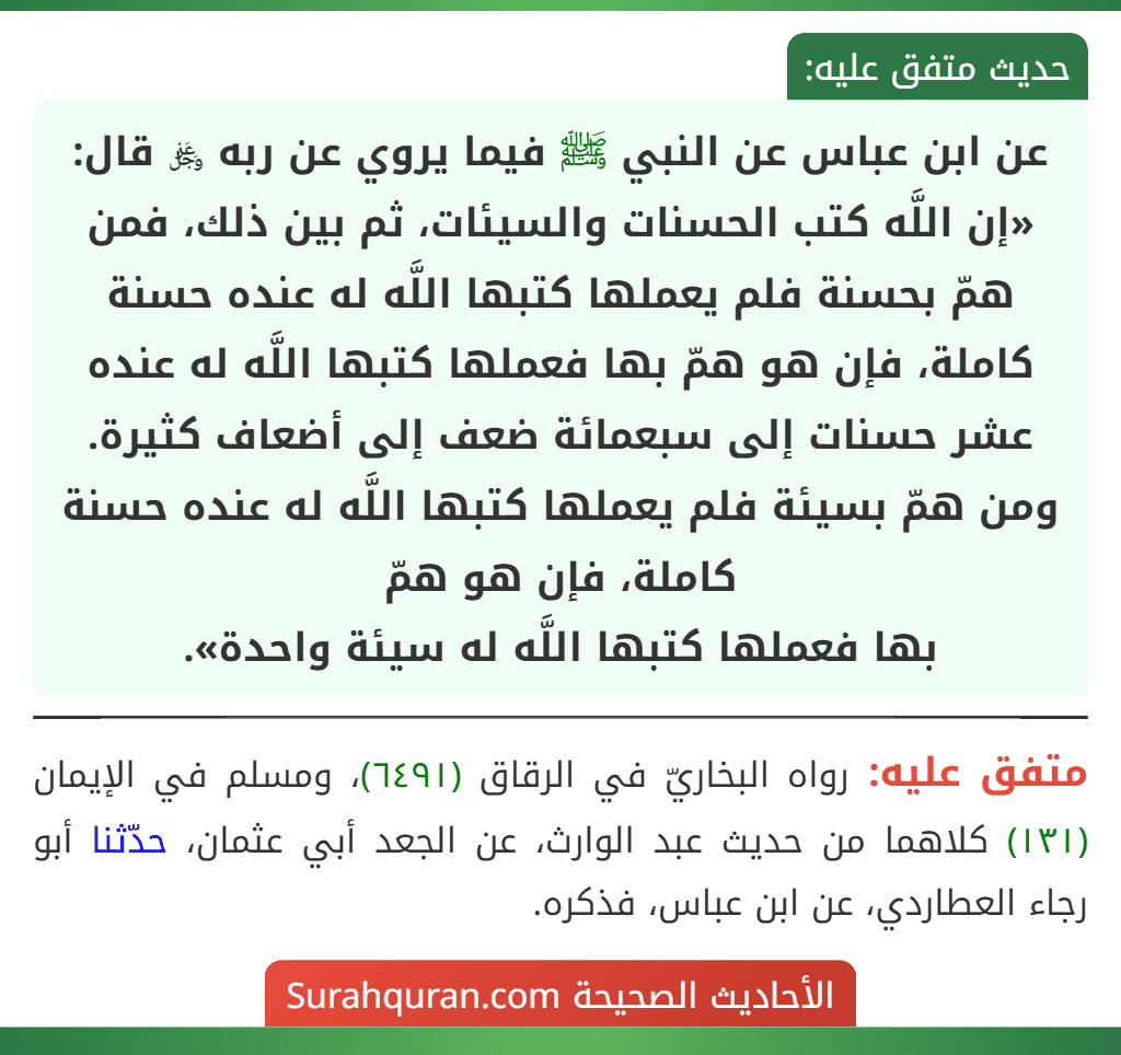 عن ابن عباس عن النبي ﷺ فيما يروي عن ربه ﷿ قال: «إن اللَّه كتب الحسنات والسيئات، ثم بين ذلك، فمن همّ بحسنة فلم يعملها كتبها اللَّه له عنده حسنة كاملة، فإن هو همّ بها فعملها كتبها اللَّه له عنده عشر حسنات إلى سبعمائة ضعف إلى أضعاف كثيرة. ومن همّ بسيئة فلم يعملها كتبها اللَّه له عنده حسنة كاملة، فإن هو همّ
بها فعملها كتبها اللَّه له سيئة واحدة».