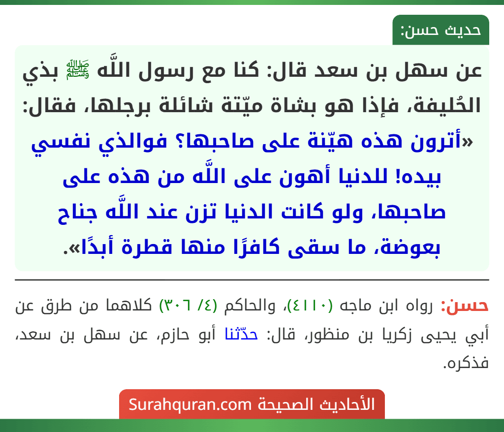 عن سهل بن سعد قال: كنا مع رسول اللَّه ﷺ بذي الحُليفة، فإذا هو بشاة ميّتة شائلة برجلها، فقال: «أترون هذه هيّنة على صاحبها؟ فوالذي نفسي بيده! للدنيا أهون على اللَّه من هذه على صاحبها، ولو كانت الدنيا تزن عند اللَّه جناح بعوضة، ما سقى كافرًا منها قطرة أبدًا». عن سهل بن سعد قال: كنا مع رسول اللَّه ﷺ بذي الحُليفة، فإذا هو بشاة ميّتة شائلة برجلها، فقال: «أترون هذه هيّنة على صاحبها؟ فوالذي نفسي بيده! للدنيا أهون على اللَّه من هذه على صاحبها، ولو كانت الدنيا تزن عند اللَّه جناح بعوضة، ما سقى كافرًا منها قطرة أبدًا».
