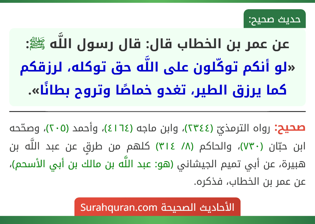 عن عمر بن الخطاب قال: قال رسول اللَّه ﷺ: «لو أنكم توكّلون على اللَّه حق توكله، لرزقكم كما يرزق الطير، تغدو خماصًا وتروح بطانًا».