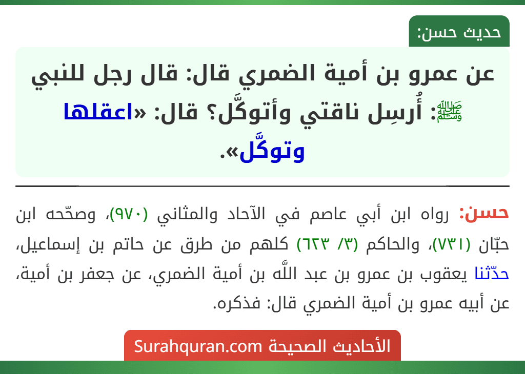 عن عمرو بن أمية الضمري قال: قال رجل للنبي ﷺ: أُرسِل ناقتي وأتوكَّل؟ قال: «اعقلها وتوكَّل». عن عمرو بن أمية الضمري قال: قال رجل للنبي ﷺ: أُرسِل ناقتي وأتوكَّل؟ قال: «اعقلها وتوكَّل».