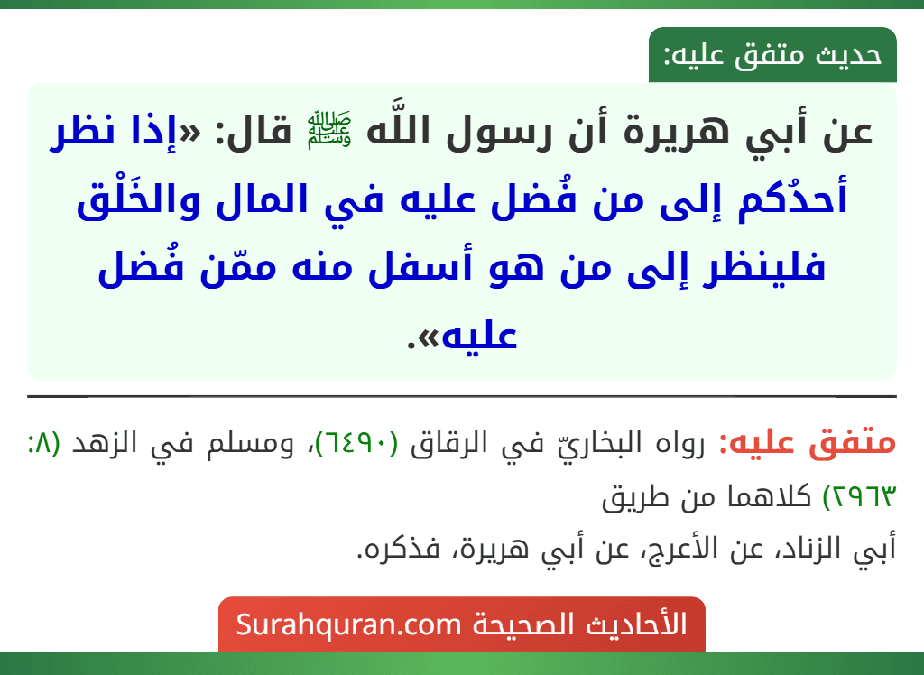 عن أبي هريرة أن رسول اللَّه ﷺ قال: «إذا نظر أحدُكم إلى من فُضل عليه في المال والخَلْق فلينظر إلى من هو أسفل منه ممّن فُضل عليه». عن أبي هريرة أن رسول اللَّه ﷺ قال: «إذا نظر أحدُكم إلى من فُضل عليه في المال والخَلْق فلينظر إلى من هو أسفل منه ممّن فُضل عليه».