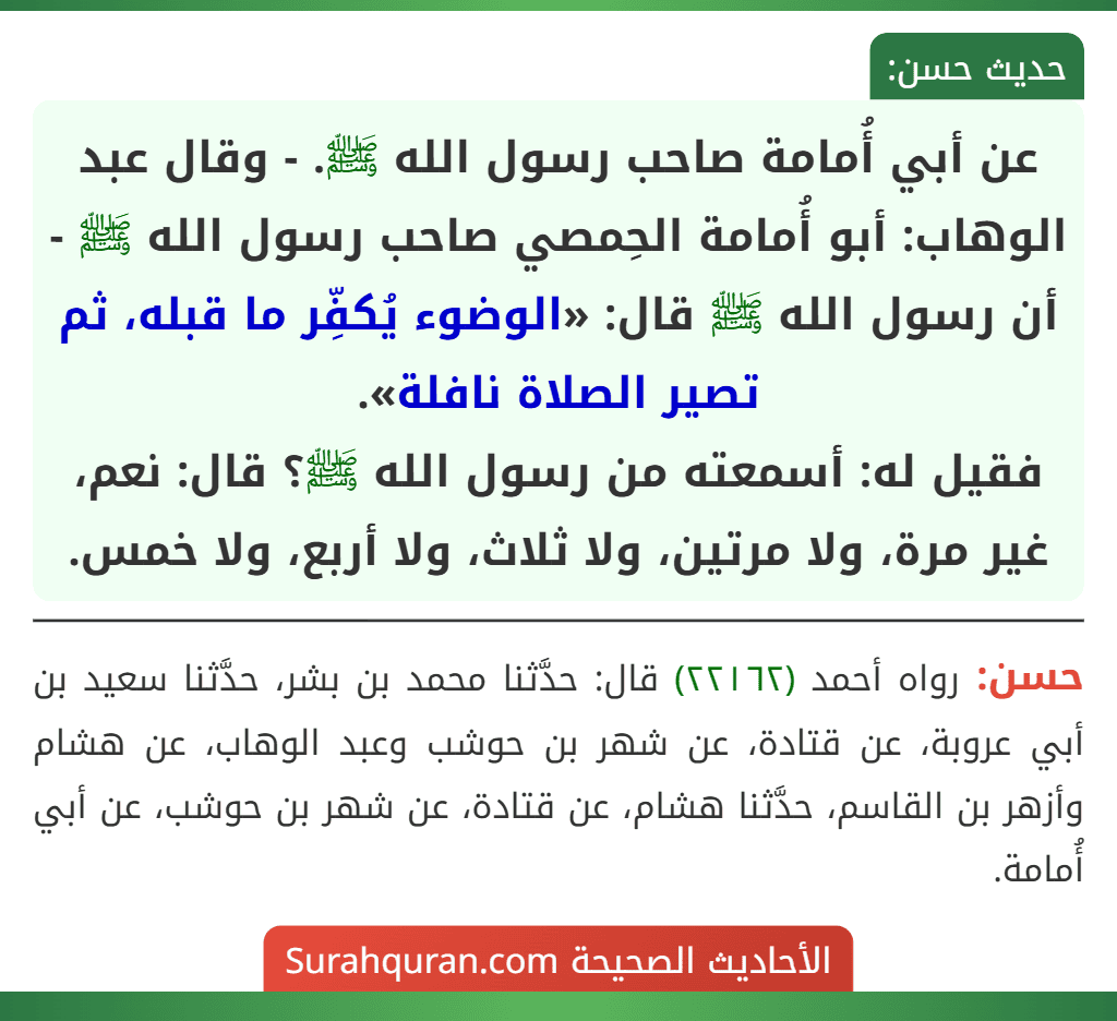 عن أبي أُمامة صاحب رسول الله ﷺ. - وقال عبد الوهاب: أبو أُمامة الحِمصي صاحب رسول الله ﷺ - أن رسول الله ﷺ قال: «الوضوء يُكفِّر ما قبله، ثم تصير الصلاة نافلة».
فقيل له: أسمعته من رسول الله ﷺ؟ قال: نعم، غير مرة، ولا مرتين، ولا ثلاث، ولا أربع، ولا خمس. عن أبي أُمامة صاحب رسول الله ﷺ. - وقال عبد الوهاب: أبو أُمامة الحِمصي صاحب رسول الله ﷺ - أن رسول الله ﷺ قال: «الوضوء يُكفِّر ما قبله، ثم تصير الصلاة نافلة».
فقيل له: أسمعته من رسول الله ﷺ؟ قال: نعم، غير مرة، ولا مرتين، ولا ثلاث، ولا أربع، ولا خمس.