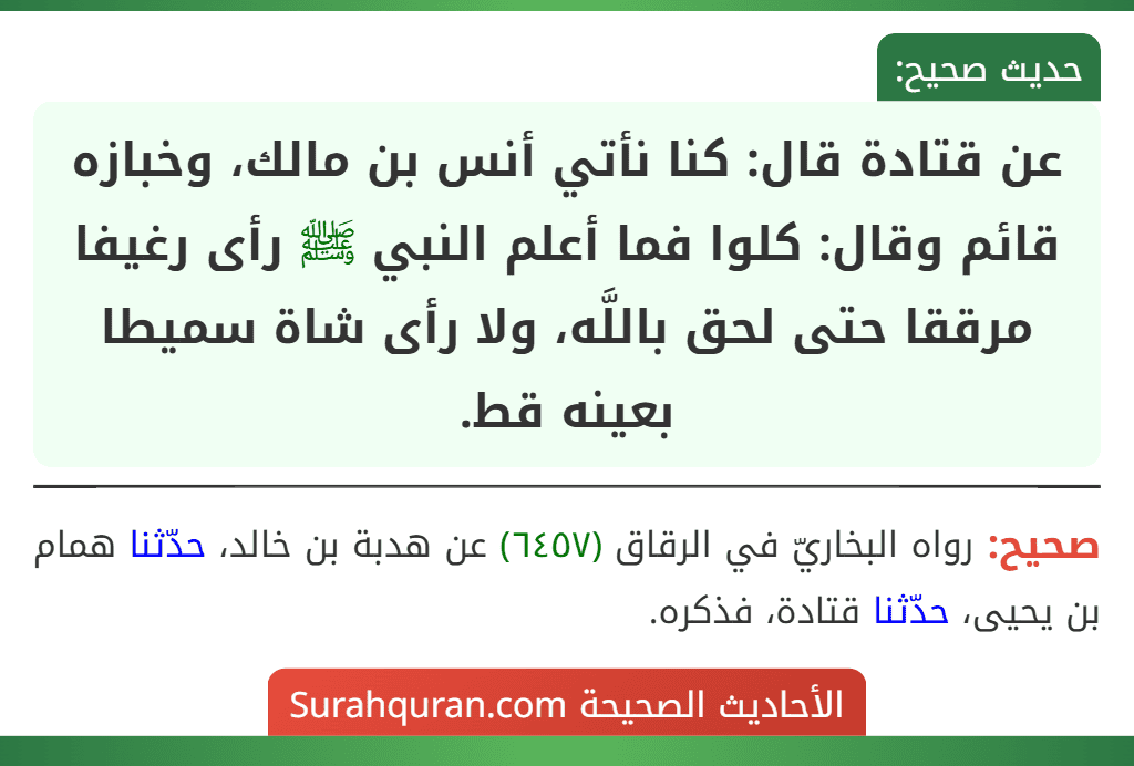 عن قتادة قال: كنا نأتي أنس بن مالك، وخبازه قائم وقال: كلوا فما أعلم النبي ﷺ رأى رغيفا مرققا حتى لحق باللَّه، ولا رأى شاة سميطا بعينه قط. عن قتادة قال: كنا نأتي أنس بن مالك، وخبازه قائم وقال: كلوا فما أعلم النبي ﷺ رأى رغيفا مرققا حتى لحق باللَّه، ولا رأى شاة سميطا بعينه قط.